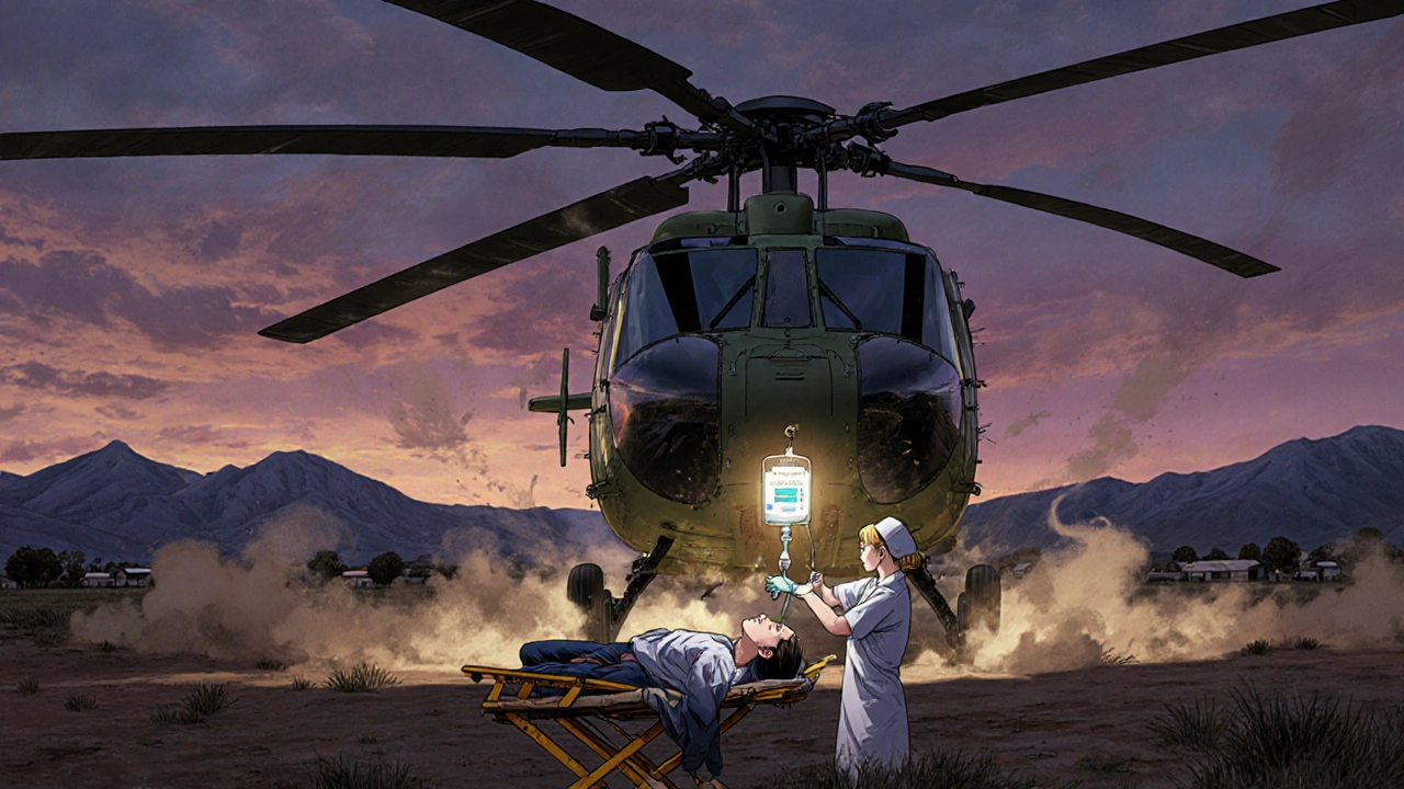 Medevac nurse administering tranexamic acid to a patient in a rural helicopter landing.