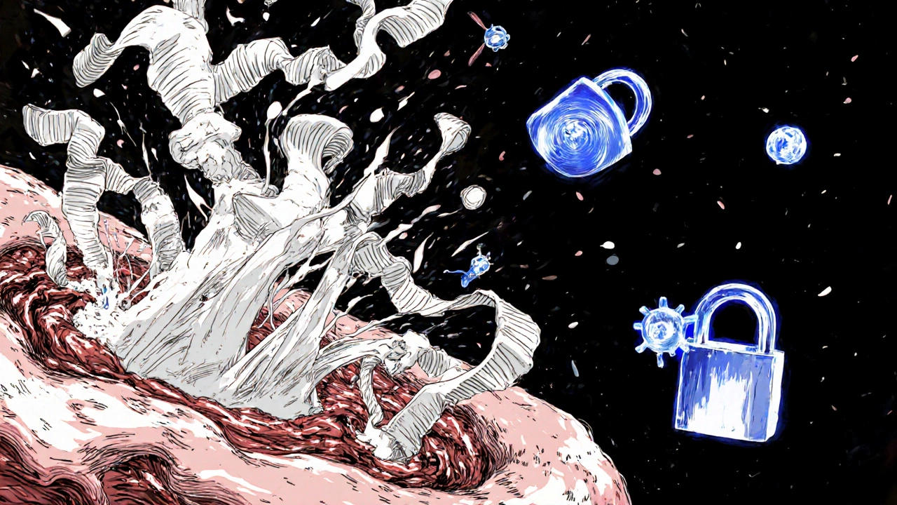 Microscopic view of blood clot stabilization as tranexamic acid blocks enzyme breakdown.