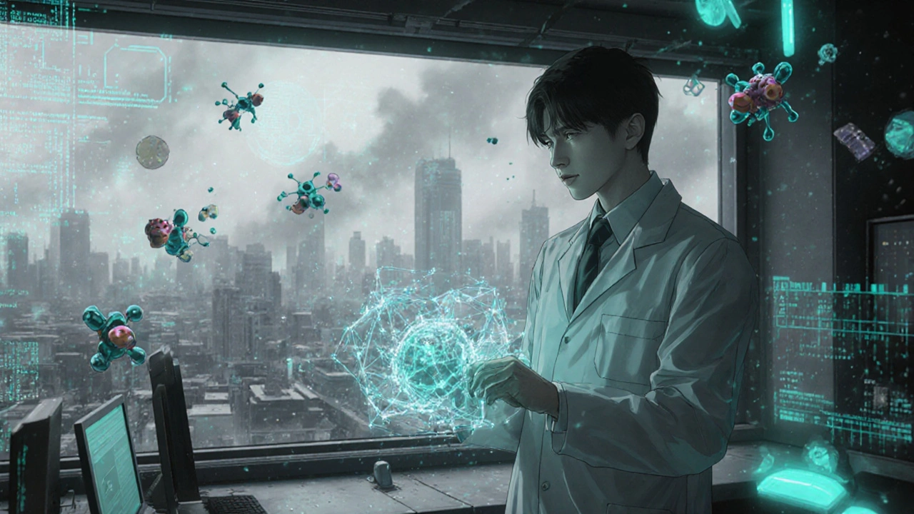 A scientist studies a holographic model of losartan blocking ACE2 in a high-tech lab under pandemic city lights.