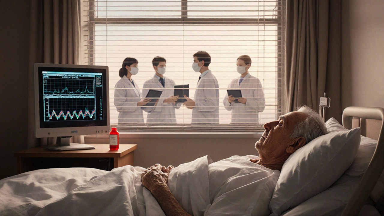 An elderly patient sleeps in a hospital room as researchers monitor long COVID trial data at dawn.