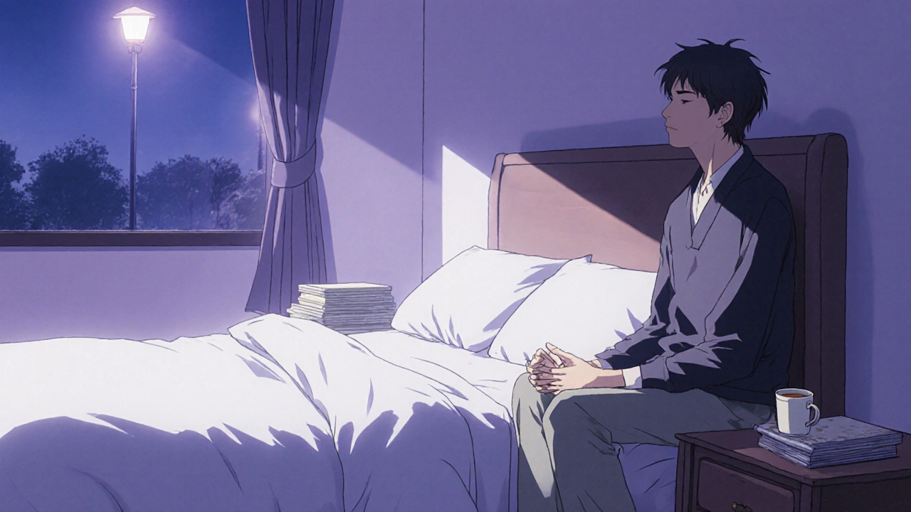 Calm bedroom scene with elevated bed and relaxed person practicing relaxation.