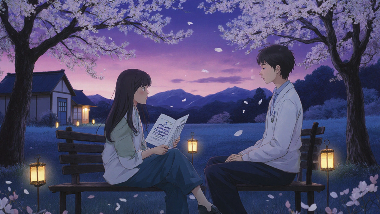 Caregiver and patient sitting on a garden bench at twilight beside cherry blossoms.