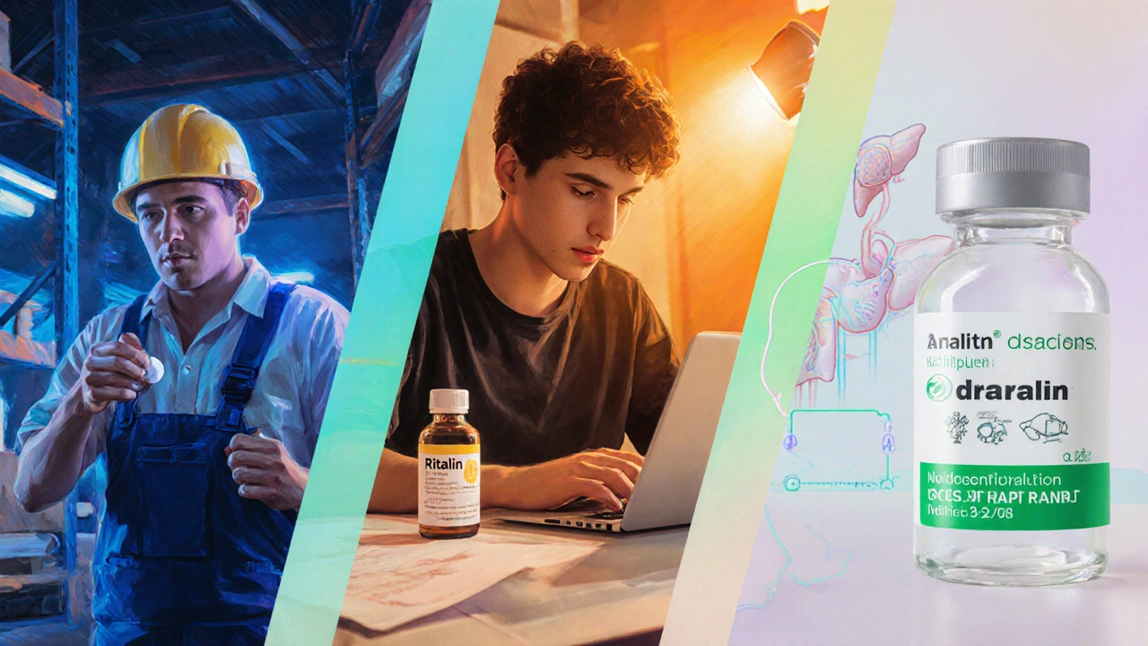 Collage of night‑shift worker, student with Ritalin, and lab scene with Adrafinil.