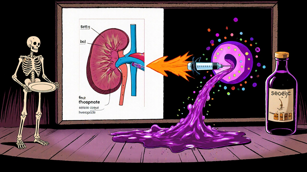 Comic split‑screen showing malnutrition, alcohol, and insulin causing low phosphate.