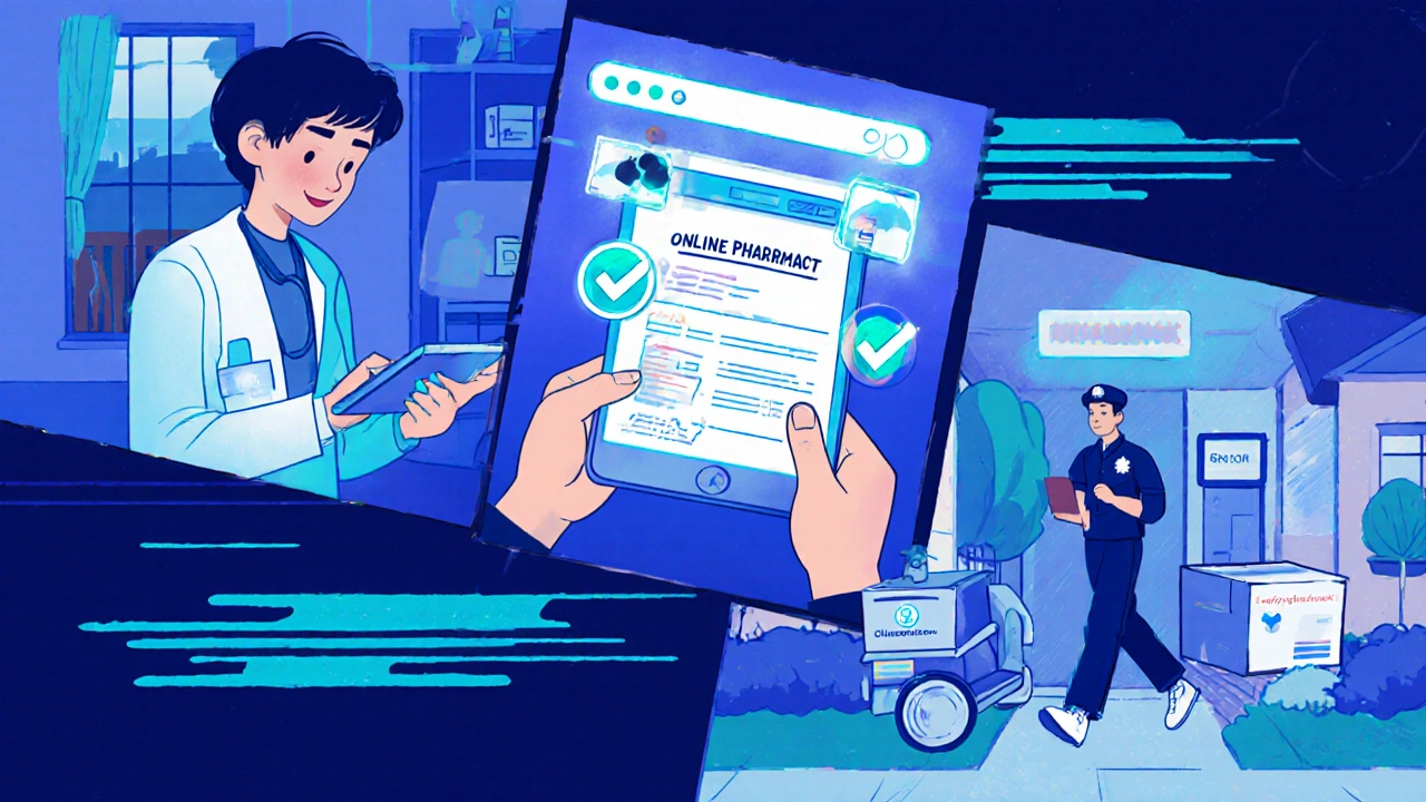 Comic‑style sequence of telehealth consult, prescription upload, and delivery of medication.