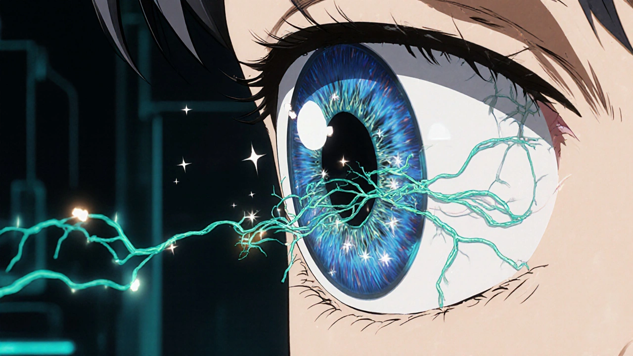 Cross‑section of an eye showing glowing magnesium ions enhancing blood flow and neurons.
