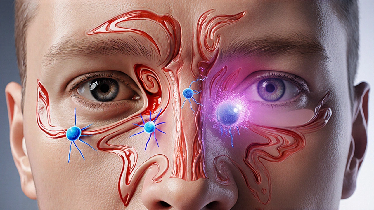 Cross‑section view of inflamed nasal passages and eyes showing cortisol, histamine, and swelling.
