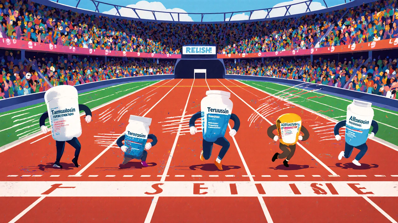 Drug characters race on a track, with alfuzosin in the middle, illustrating moderate onset speed.