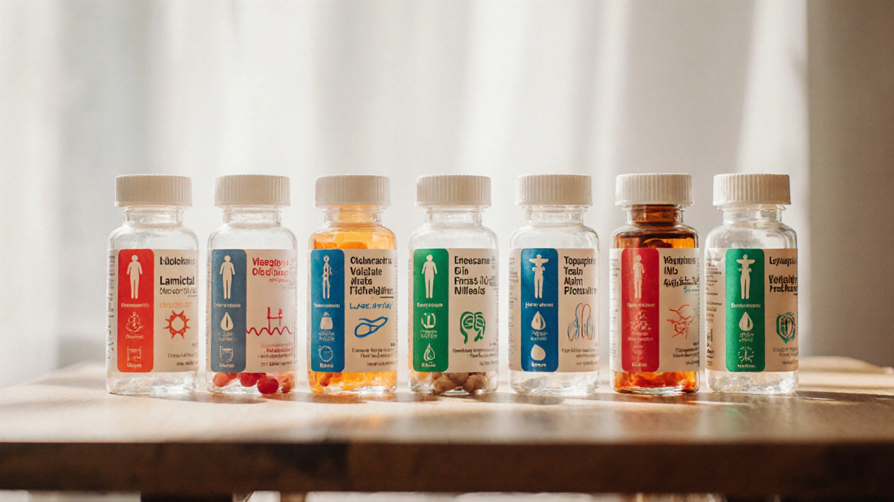 Flat‑lay of assorted mood‑stabilizer bottles with color‑coded labels and side‑effect icons.