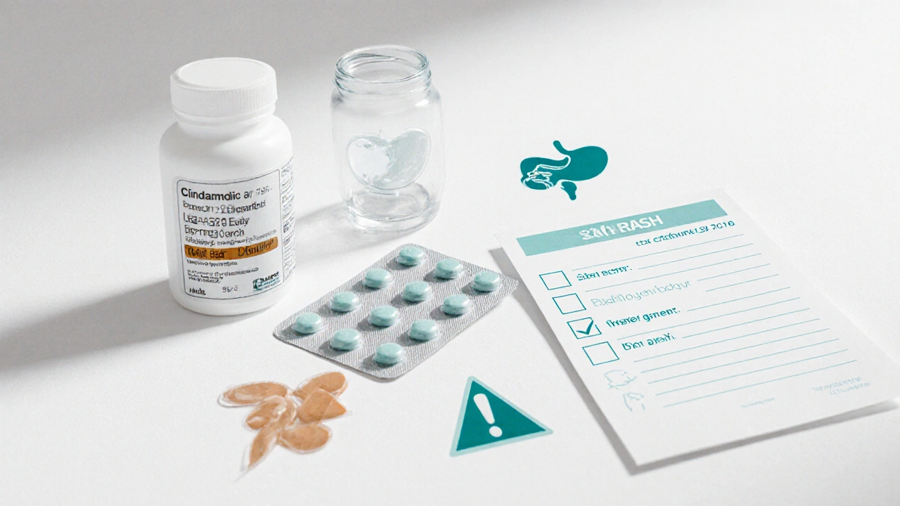 Flat‑lay of clindamycin pack, bottle, and icons for dosage and side‑effects.