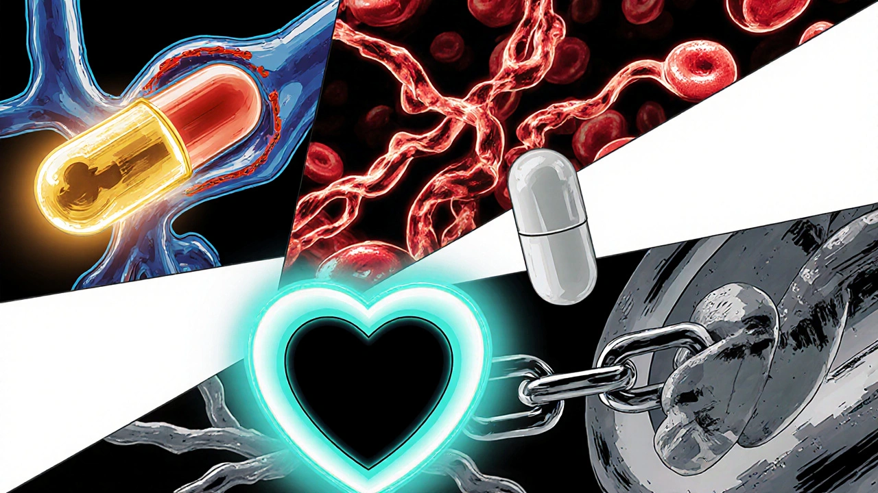 Four medication panels: Pletal dilates artery, Pentoxifylline flexes cells, Aspirin shields heart, Clopidogrel blocks platelets.