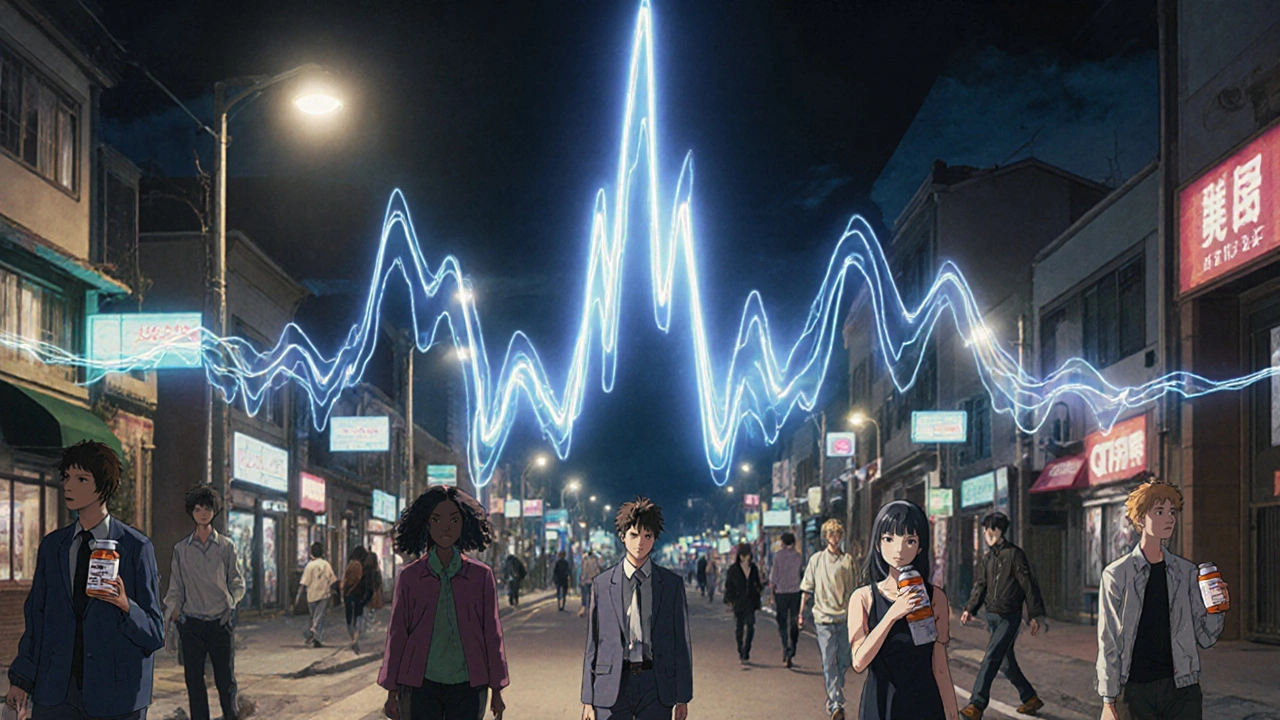 Ghostly ECG waves hovering over city dwellers, symbolizing hidden cardiac risks.