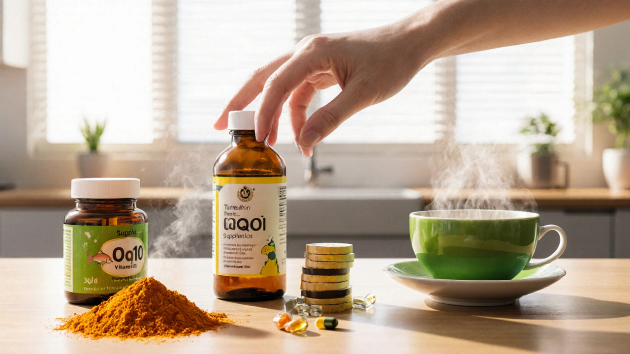 Hand arranging turmeric, fish oil, CoQ10 capsules, vitamin D tablets, and green tea on a counter.