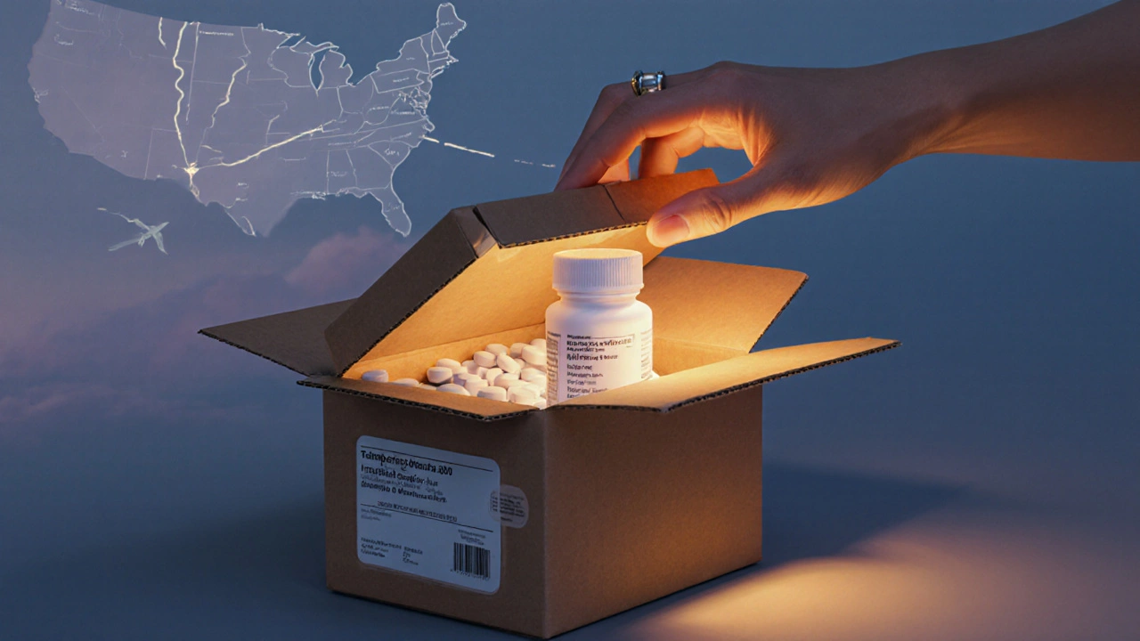 Hand opening a delivery box with generic fluoxetine tablets, showing tamper seal.
