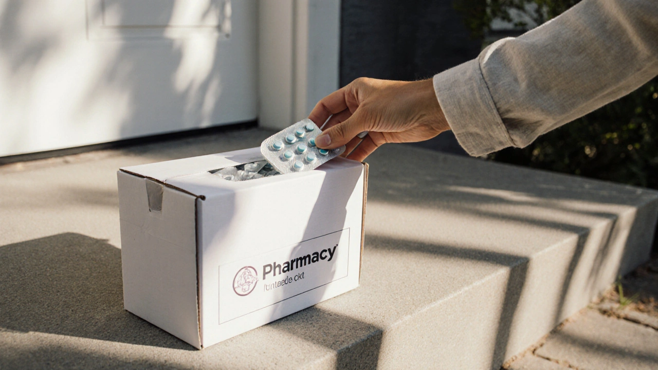 Hand receiving a sealed box of medication at a home doorstep.