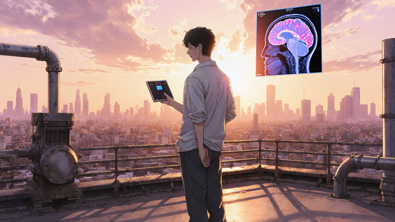 Healthy patient on rooftop holding scale, holographic MRI showing reduced lesions.