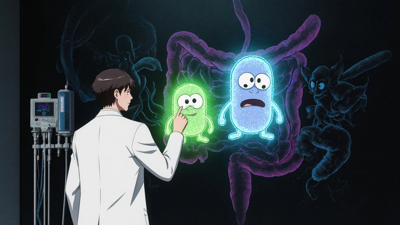 Heroic probiotic bacteria characters battle dark pathogens beside a doctor in a clinical mural.