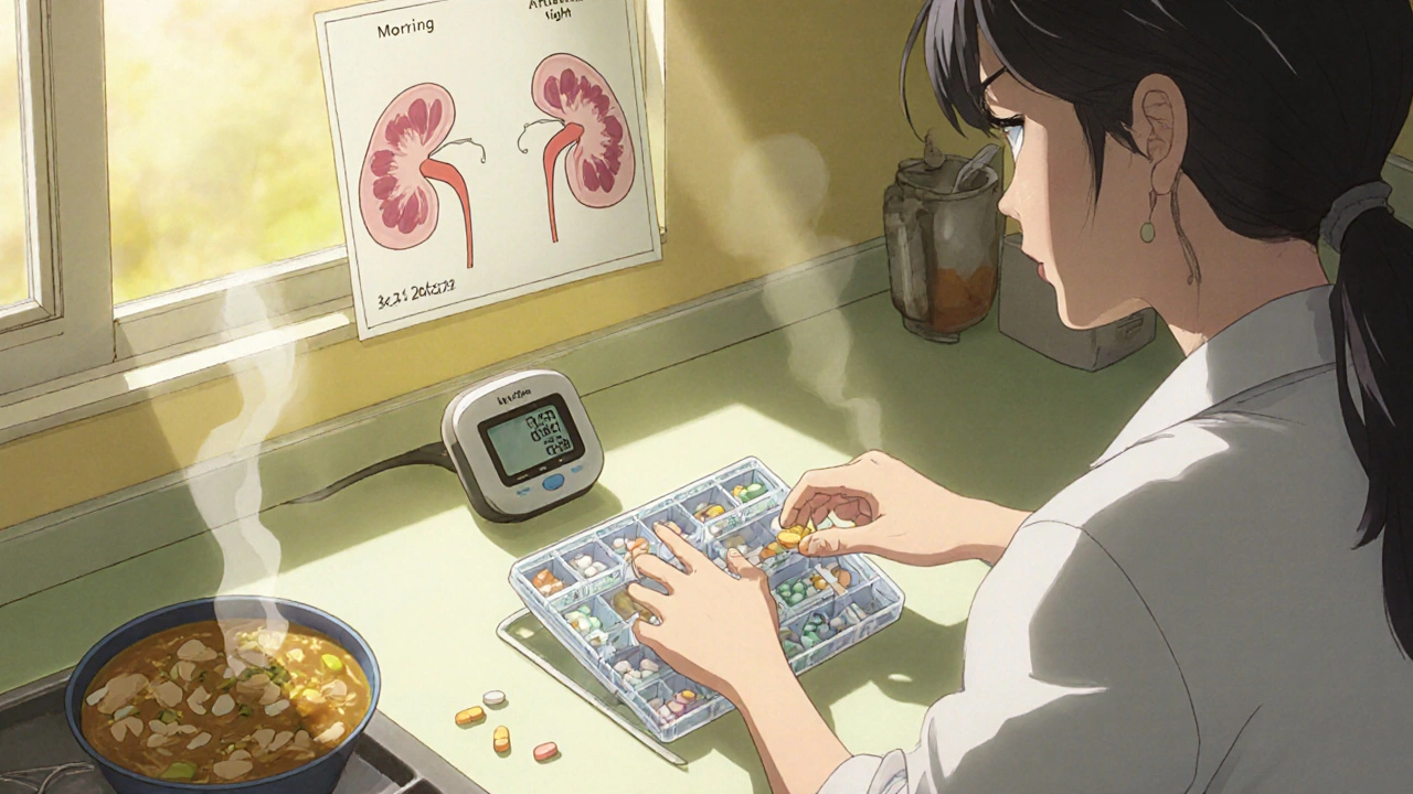 Home kitchen scene with caregiver organizing medication and checking blood pressure.