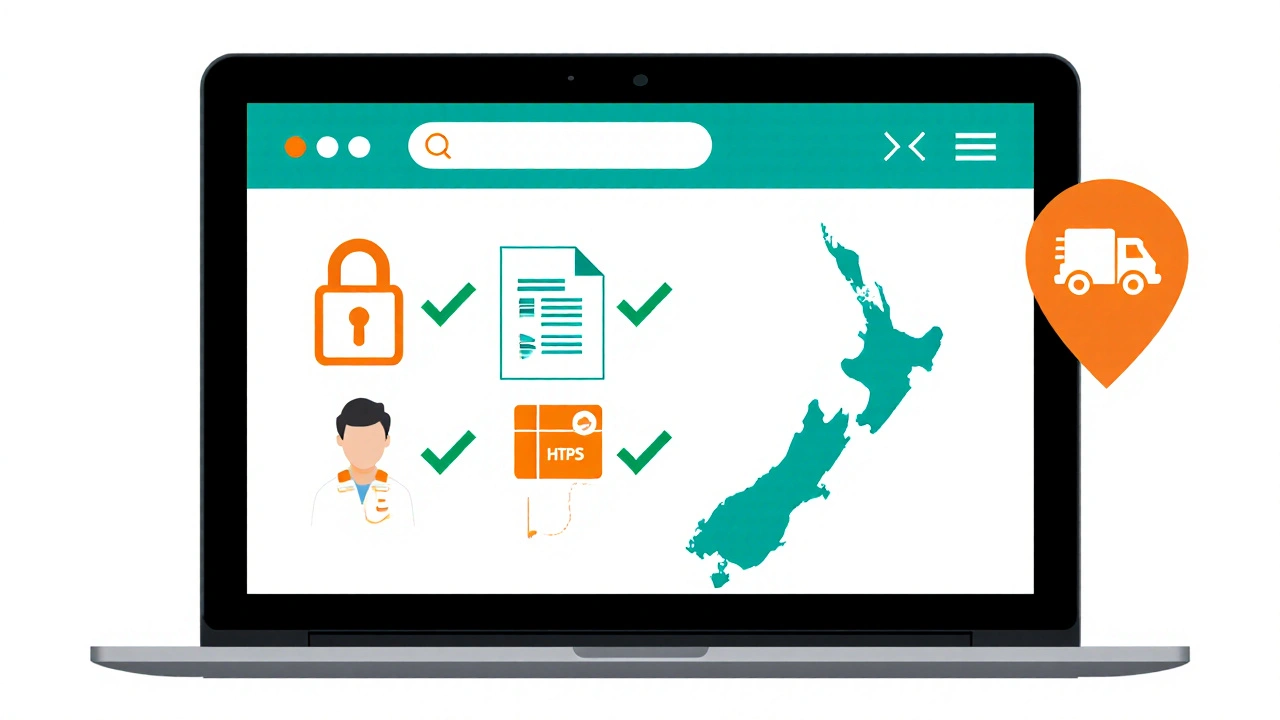 Illustrated checklist on laptop showing secure pharmacy icons and NZ map.