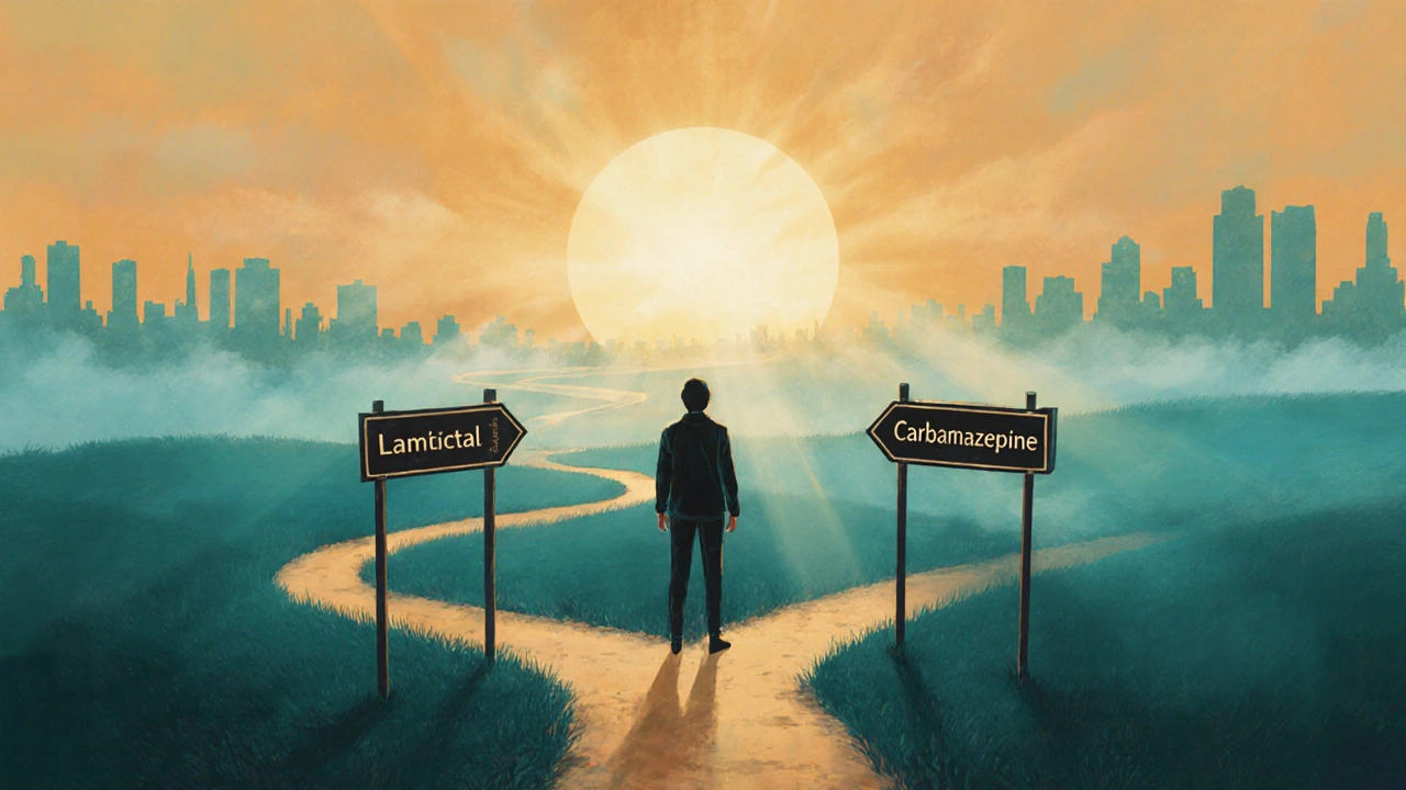 Illustration of a person at a crossroads with signposts for different mood stabilizers leading to a sunrise.