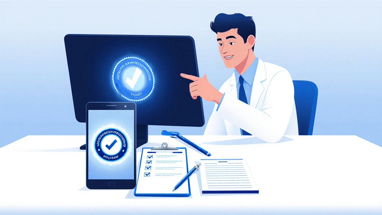 Illustration of verification steps: badge, checklist, prescription, pharmacist.