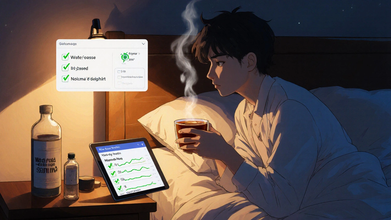 Individual sipping kava tea while monitoring liver health on a digital screen.