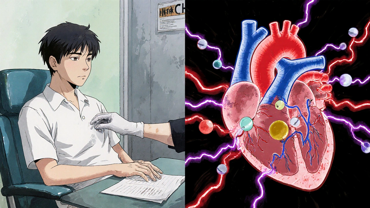 Internal heart storm with drug molecules disrupting electrical rhythms in vivid colors.