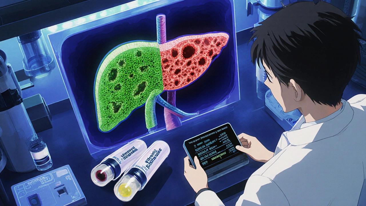 Lab scene comparing healthy and damaged liver cells with kava extracts.