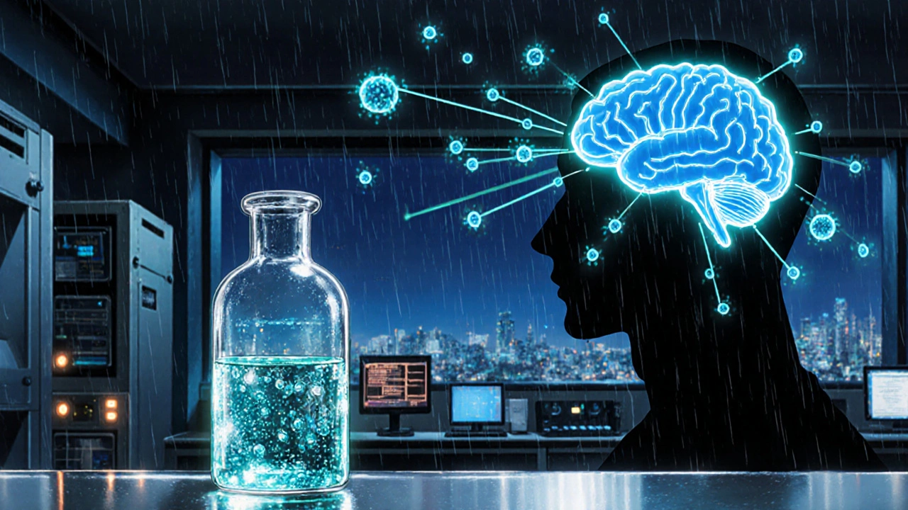 Lab scene with glowing cycloserine particles entering a brain silhouette.