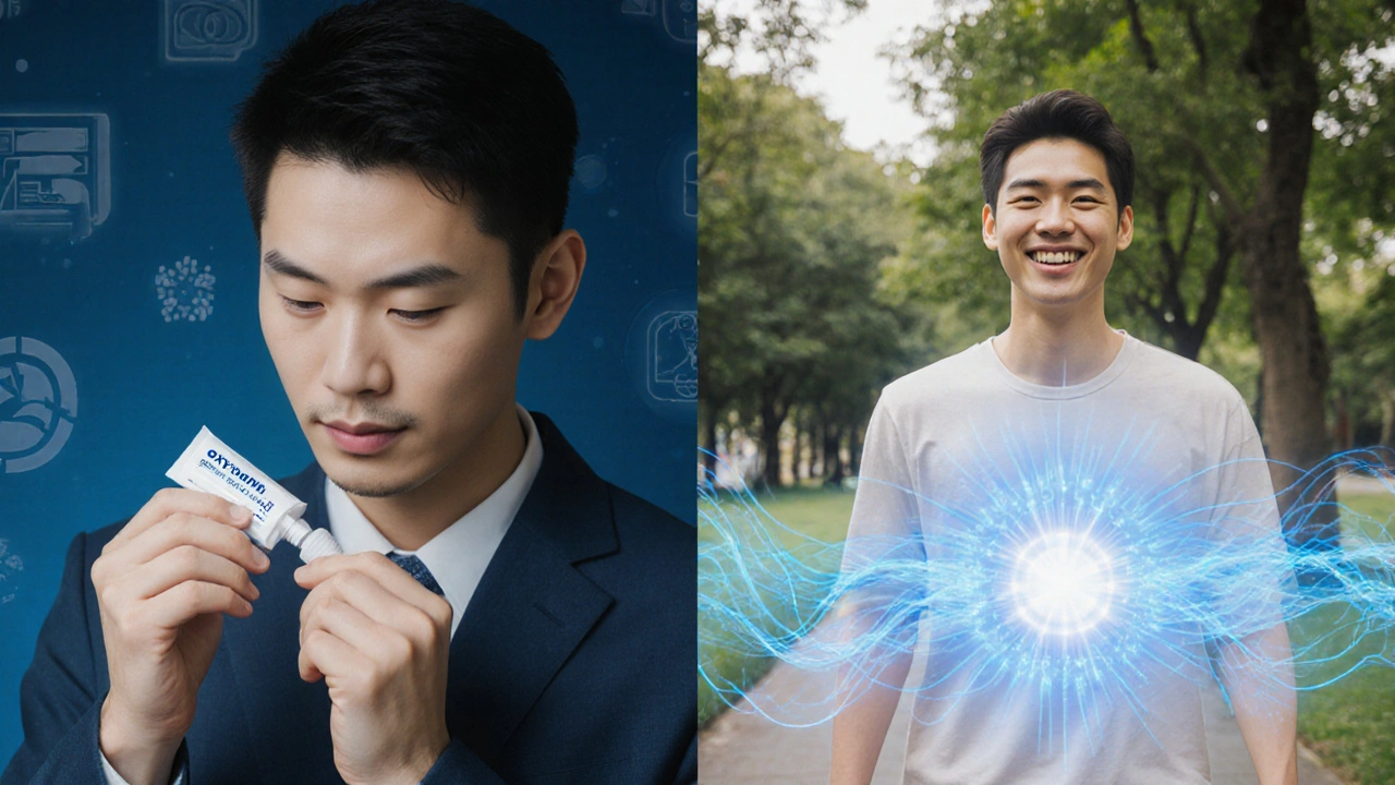 Man applying oxybutynin gel with glowing particles replacing bladder spasms.