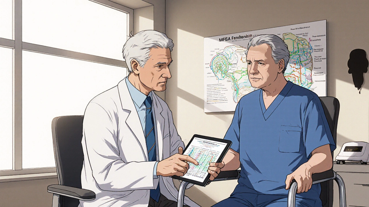 Neurologist discussing trial results with Parkinson's patient in exam room.
