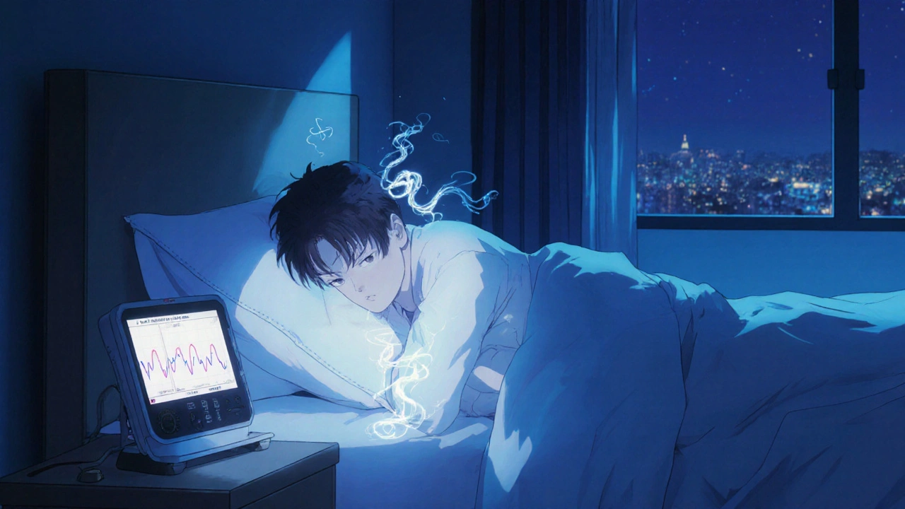 Patient in bed at night with elevated head and a monitor showing higher blood pressure wave.