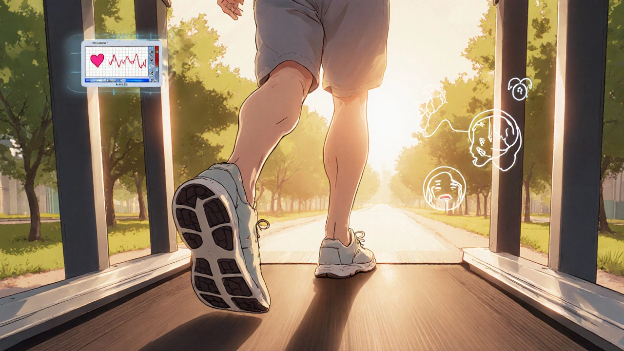 Patient walks longer on treadmill that turns into bright park path, heart monitor steady.