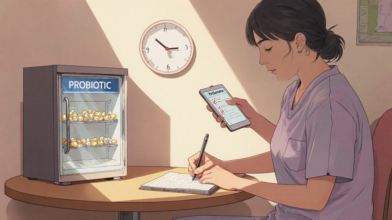 Patient writes in a notebook beside a refrigerated probiotic dispenser in a peaceful hospital lounge.