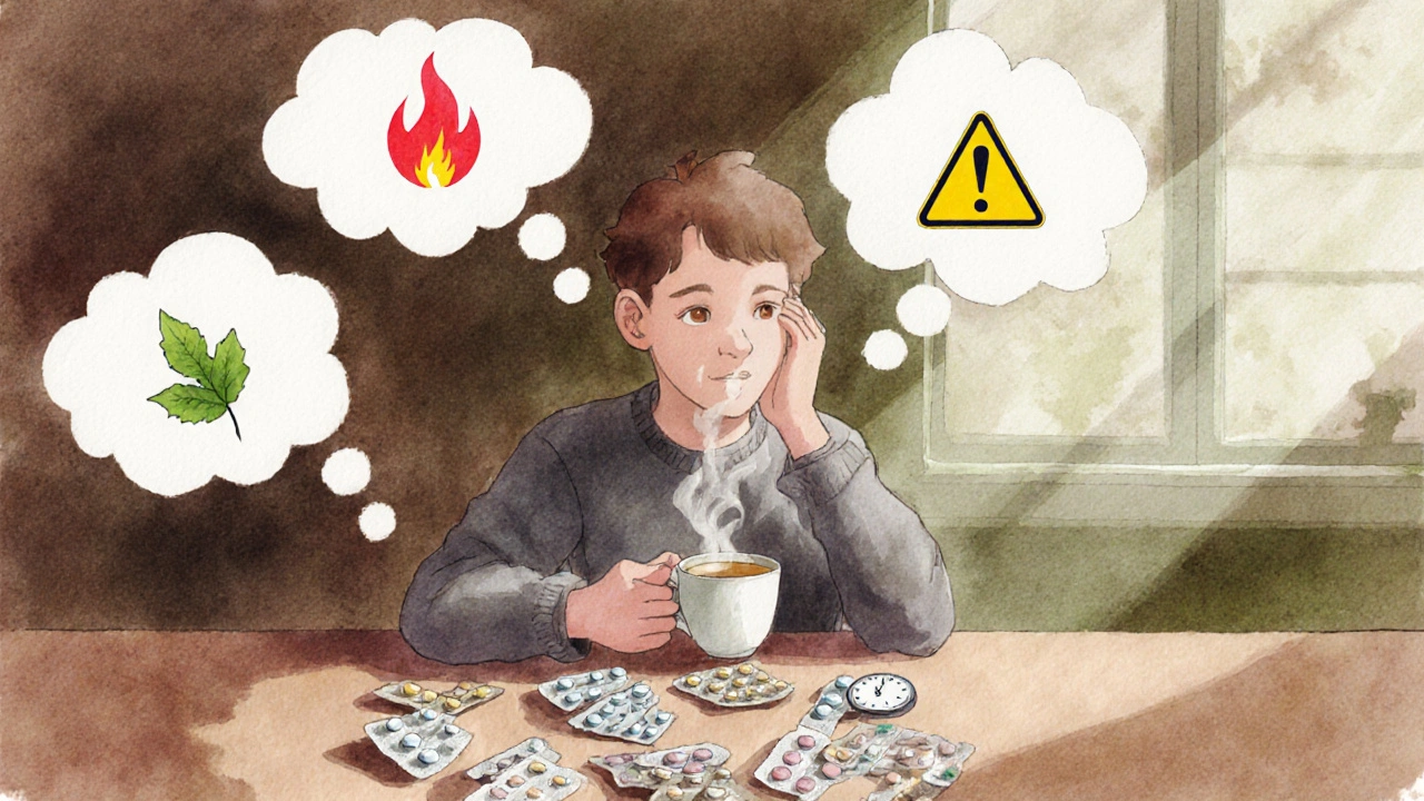 Person at kitchen table with thought bubbles of inflammation, stomach, liver, and speed icons.