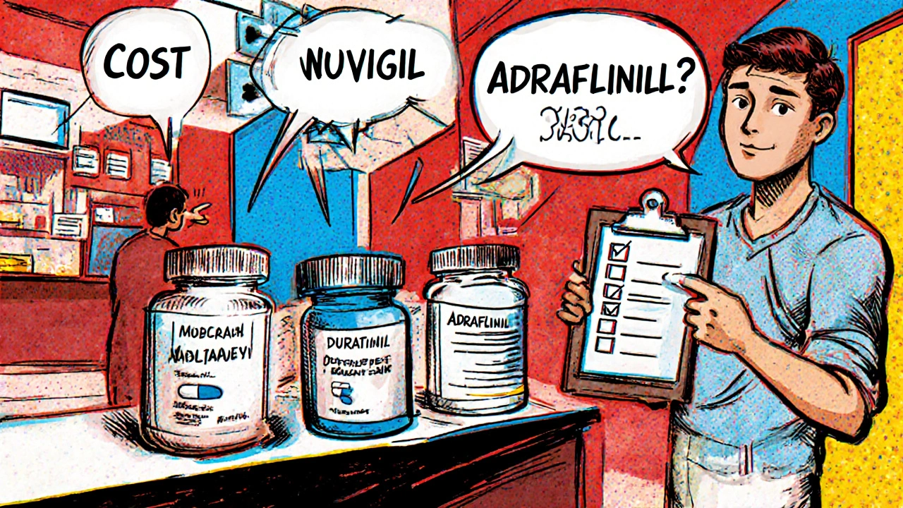 Person choosing between Modafresh, Nuvigil, and Adrafinil at a pharmacy counter.