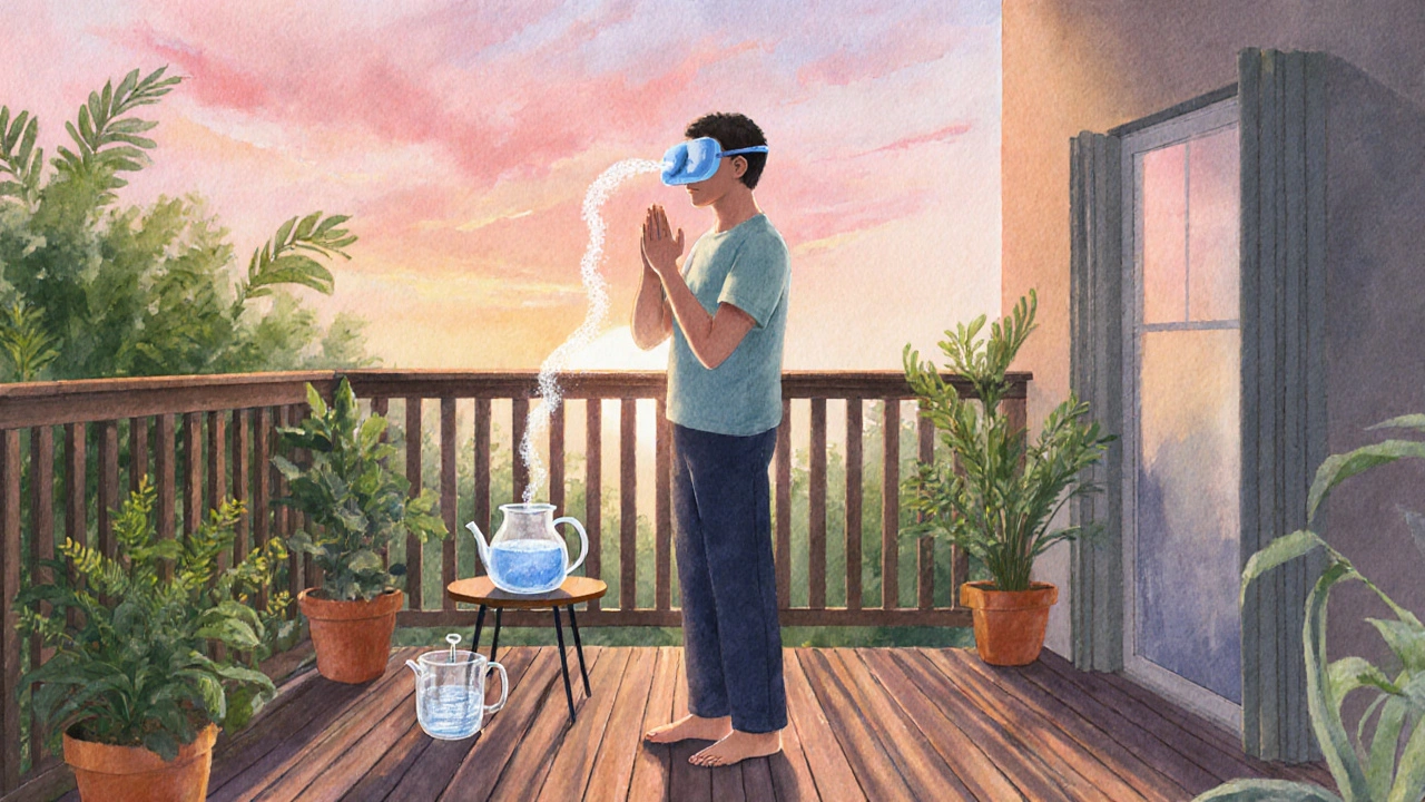 Person practicing breathing, using neti pot and cold eye compress in a sunrise garden.