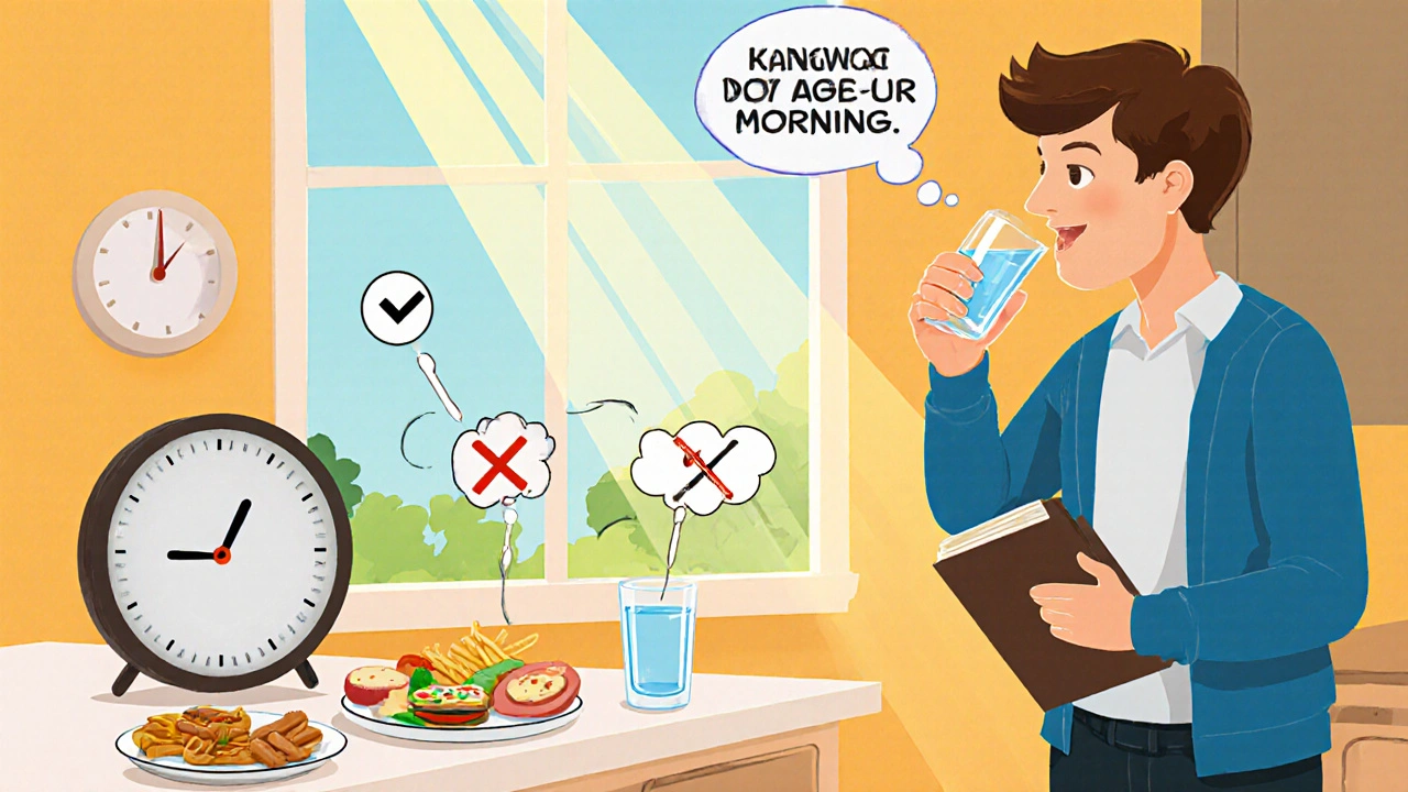 Person takes an alfuzosin pill with water in the morning, avoids fatty food, and marks a symptom diary feeling relief.