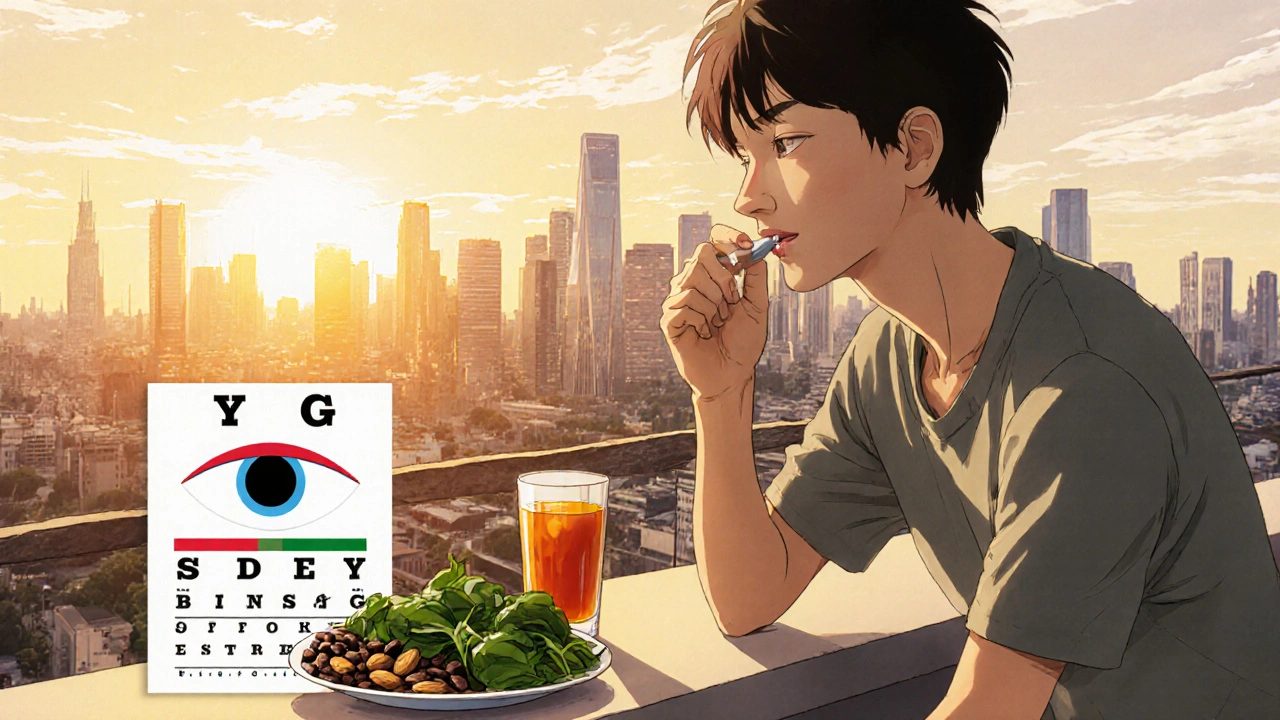Person taking a magnesium tablet with healthy foods, sunrise city skyline in background.