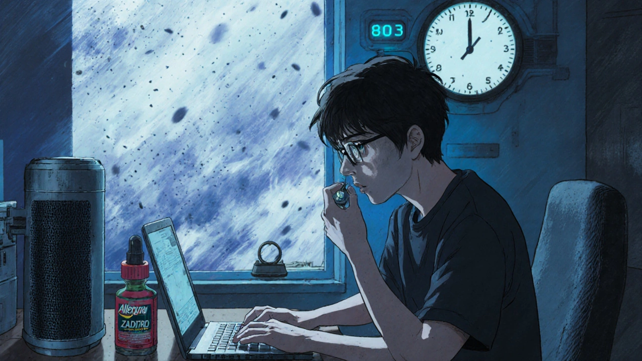 Person using Allegra and nasal spray while HEPA filter runs, pollen storm outside window.