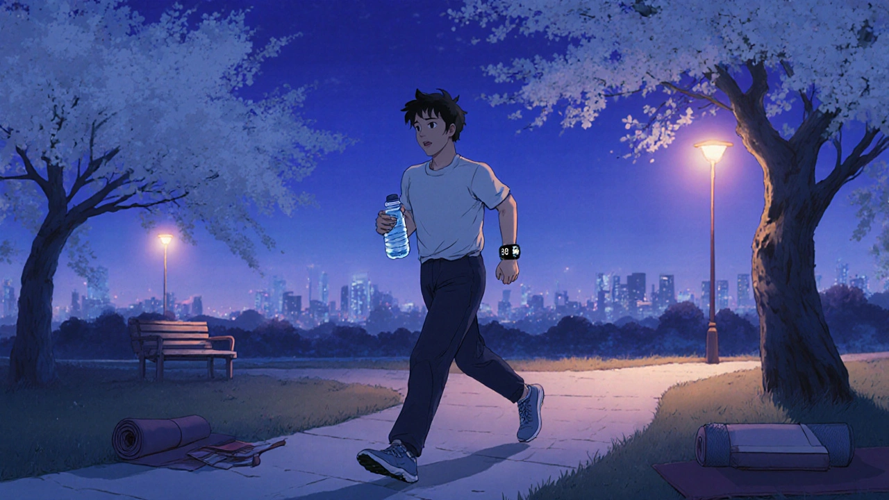 Person walking in a park at dusk, holding a water bottle with cherry blossoms around.