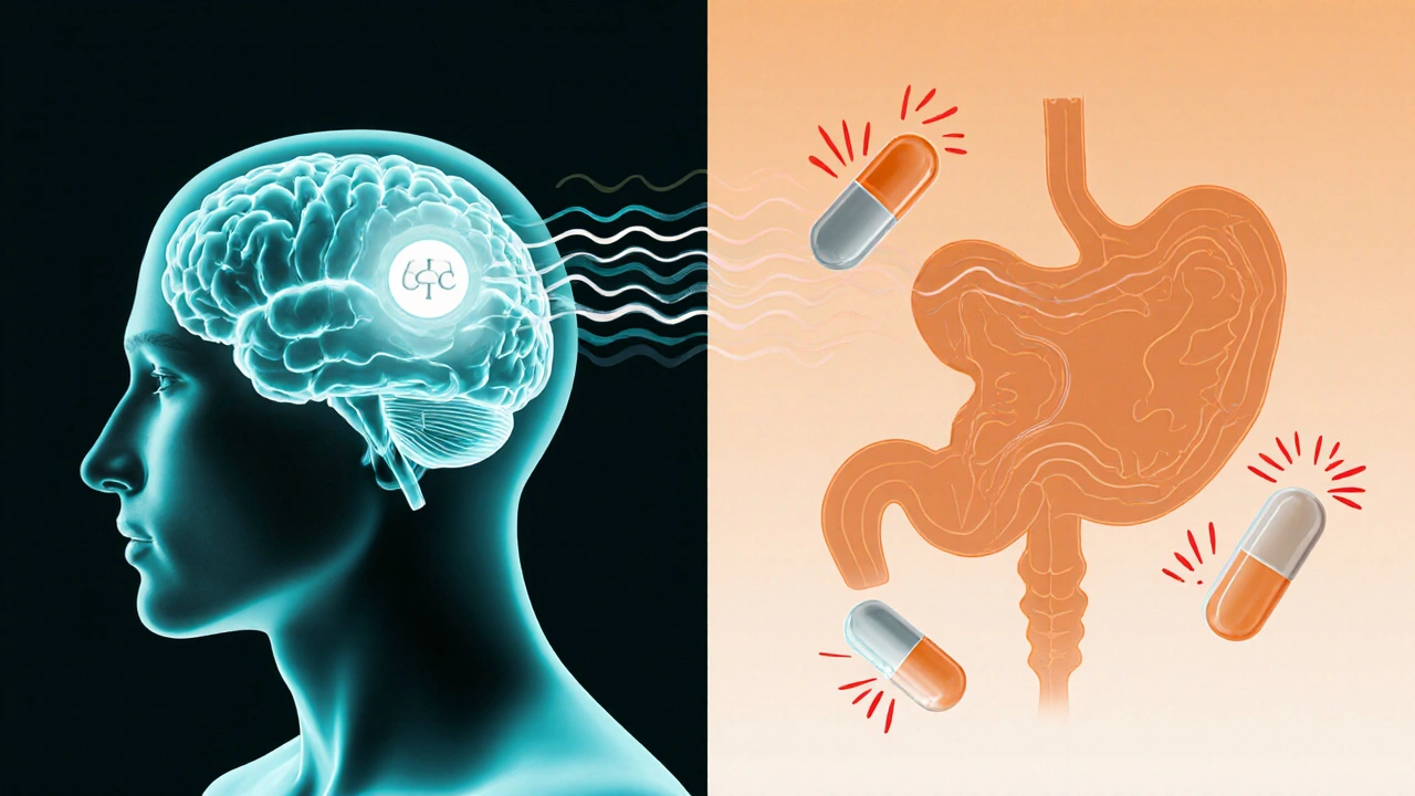 Split illustration showing paracetamol acting in the brain and NSAIDs affecting stomach and kidneys.