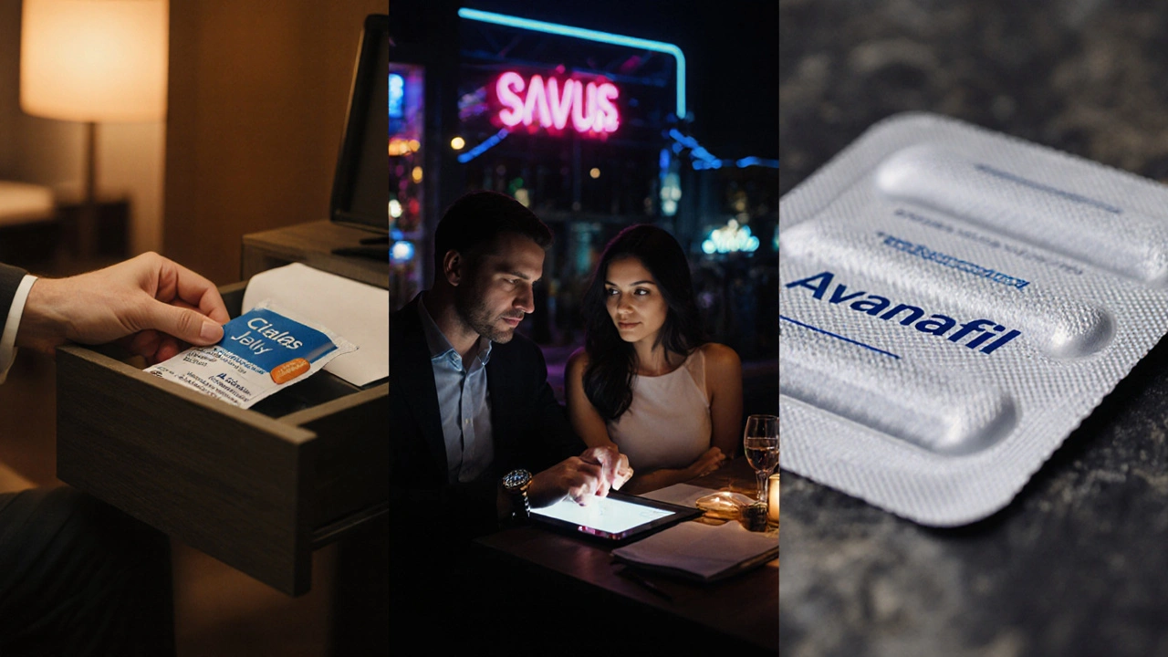 Split‑screen of office, restaurant, and nightlife scenes with different ED options.