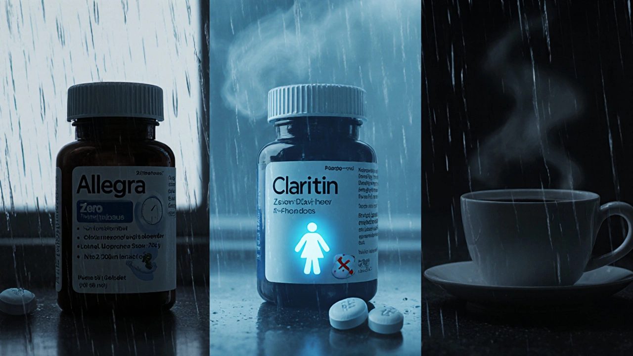 Three allergy medication bottles on a counter with visual symbols for drowsiness and speed.