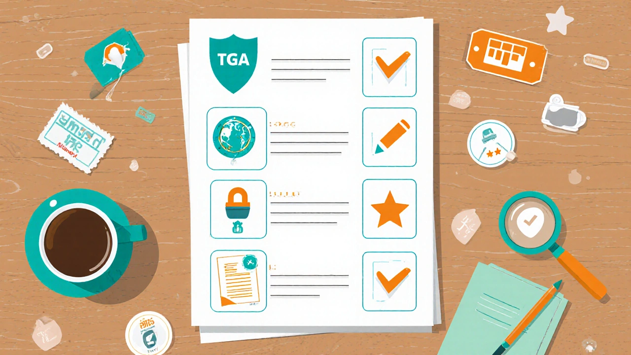 Top‑down view of a six‑item checklist with icons for pharmacy verification.