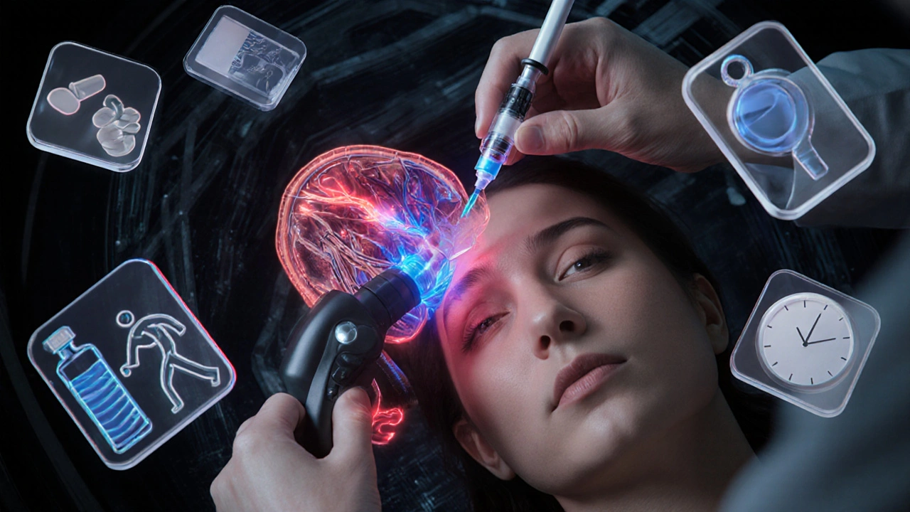 Urologist injecting Botox into bladder with energy pulses and treatment icons floating nearby.