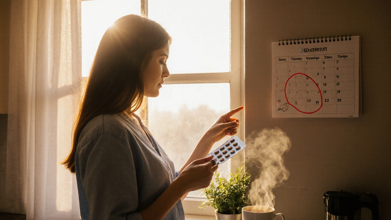 Woman holding generic clomid pack, pointing at ovulation date on calendar.