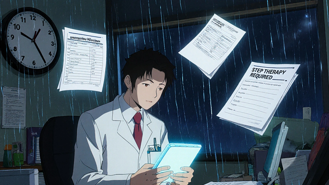 A doctor overwhelmed by digital prior authorization forms in a late-night clinic.