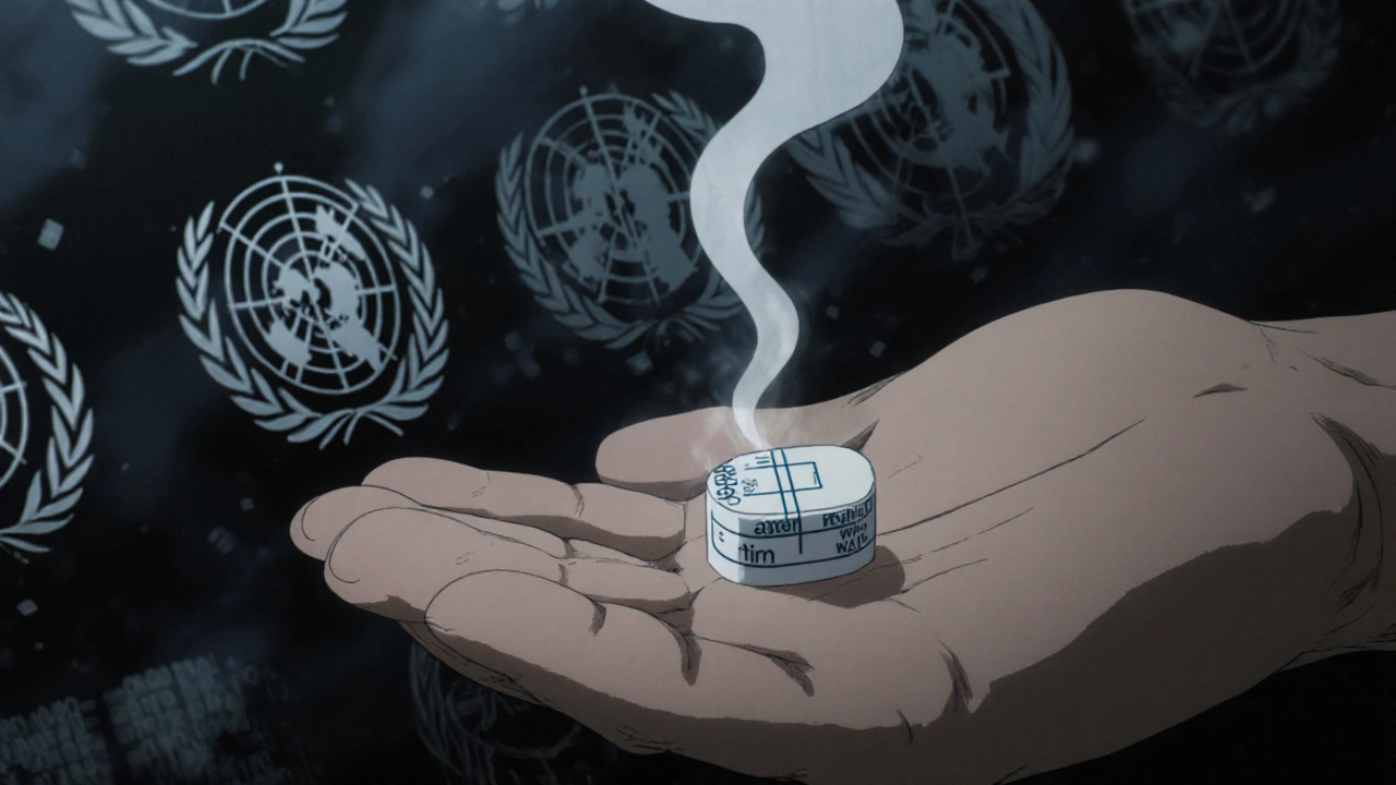 A hand giving a pill with a visible stem diagram to a patient, while corporate and medical emblems clash in the background.