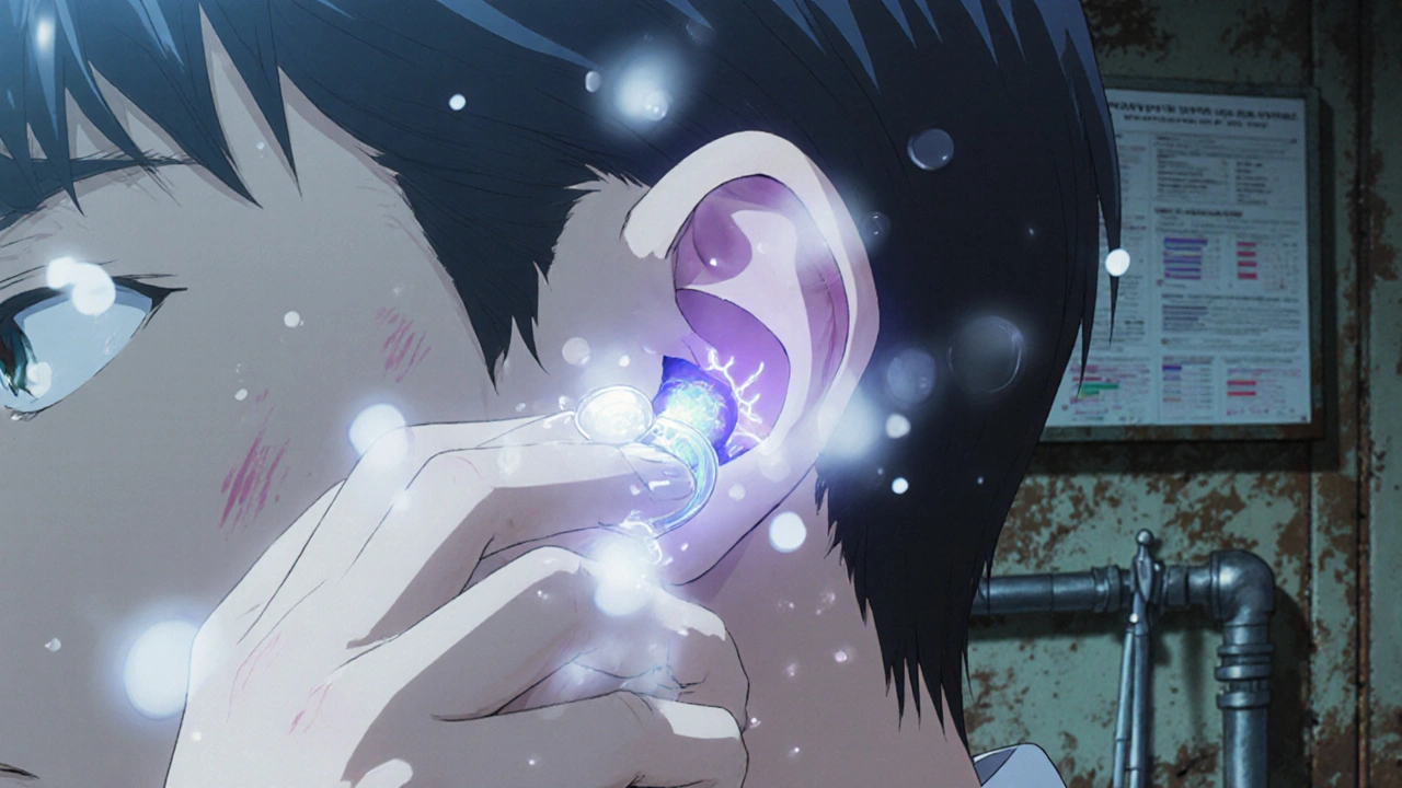 A hand inserting a waterproof earplug into an ear, with steam and droplets surrounding it.